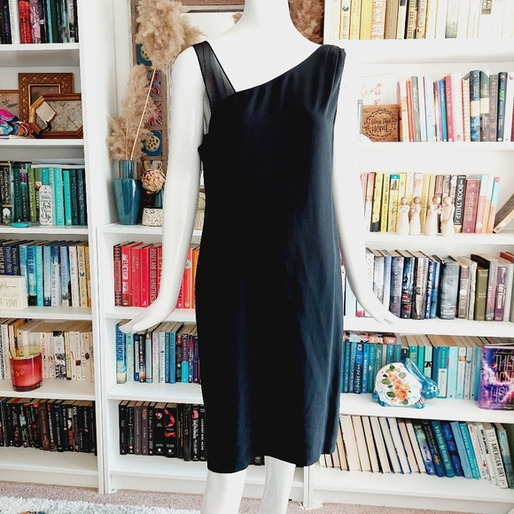 Eileen Fisher 100% Silk Georgette Crepe Asymmetrical Neck Sleeveless Dress - Picture 2 of 9